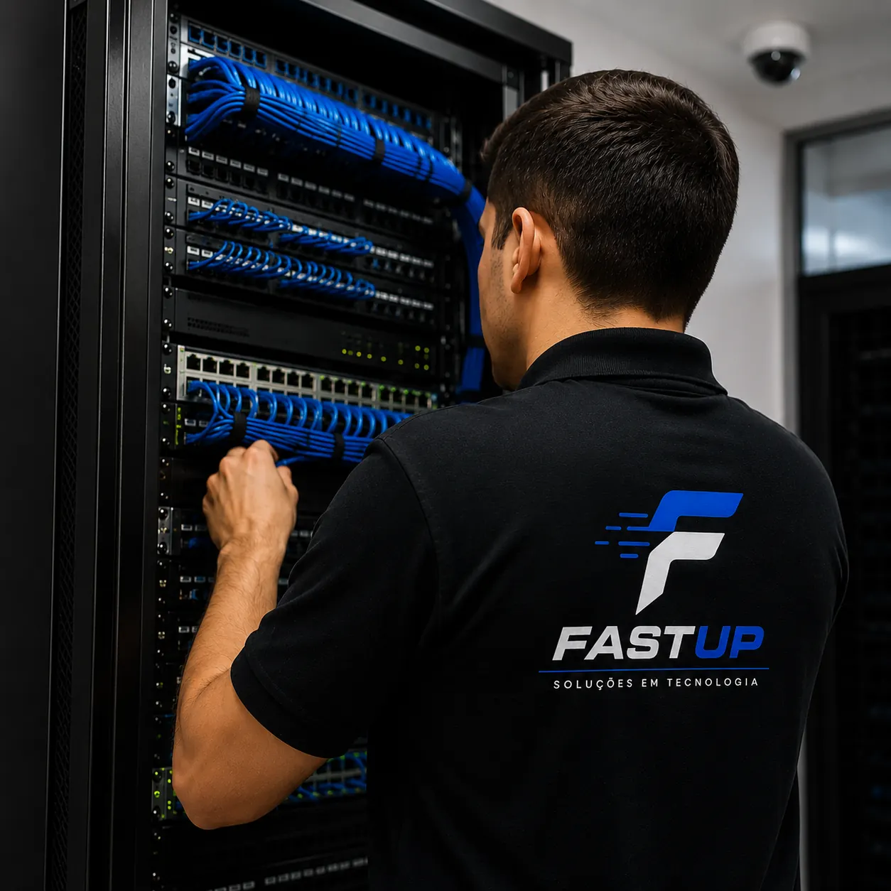 Técnico da FastUp organizando rack de rede e cabeamento estruturado